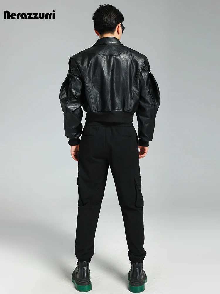 Nerazzurri Spring Autumn Cool Handsome Short Thickened Warm Soft Black Pu Leather Bomber Jacket Men Zipper Long Sleeve 2023 J251014