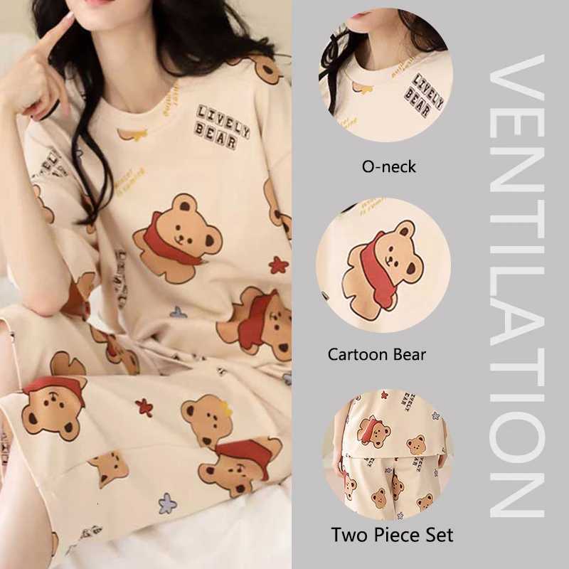 Women Summer Spring Two Pieces Sets Pajamas Short Sleeve ONeck Top Shorts Pants Homewear Loose Cartoon Bear Printing Thin SoftT251014