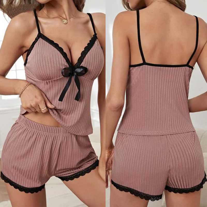 New Womens Sexy Ribbed Pajama Set Lace Trim Cami Top and Shorts Two Piece Sleepwear Loungewear V Neck with Bow Spaghetti StrapT251014