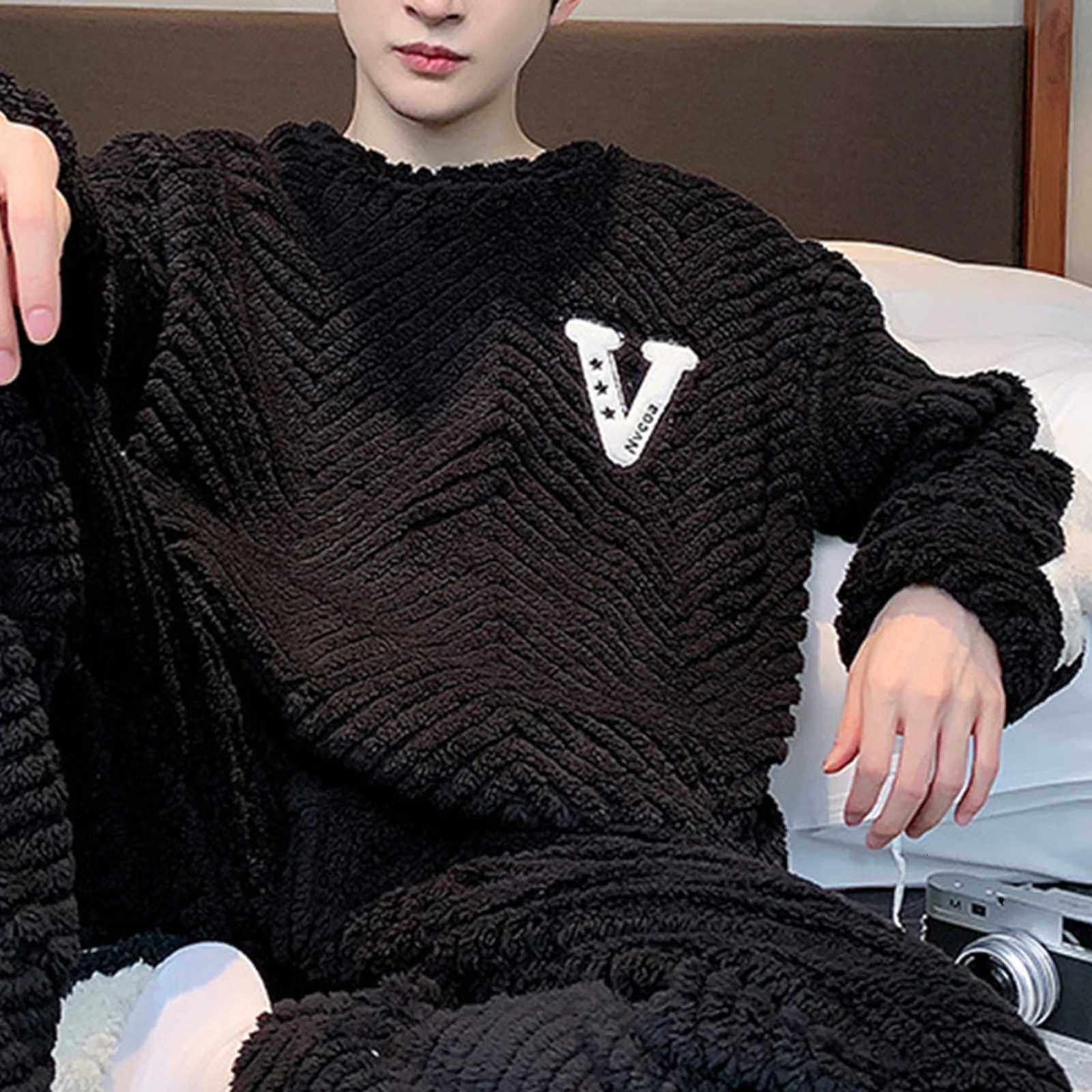 2 PcsSet Mens Winter Pajamas Set Twisted Texture Long Sleeve Sleepwear for Sleeping Elastic Waist Warm Soft Men Homewear Y251013