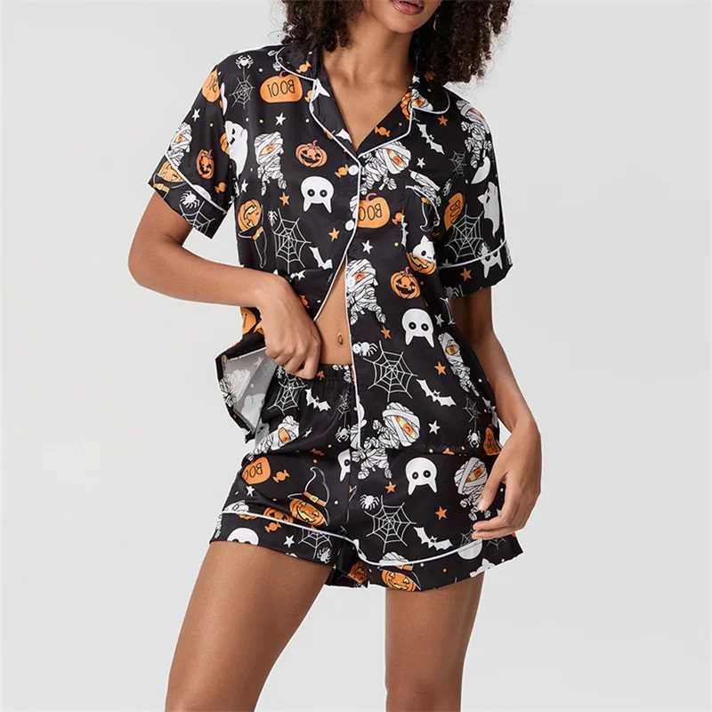 Halloween 2 Piece Pajama Set Women Ghost Pumpkin Graphic Short Pajamas Set Short Sleeve Button Top Comfy Shorts SleepwearT251014