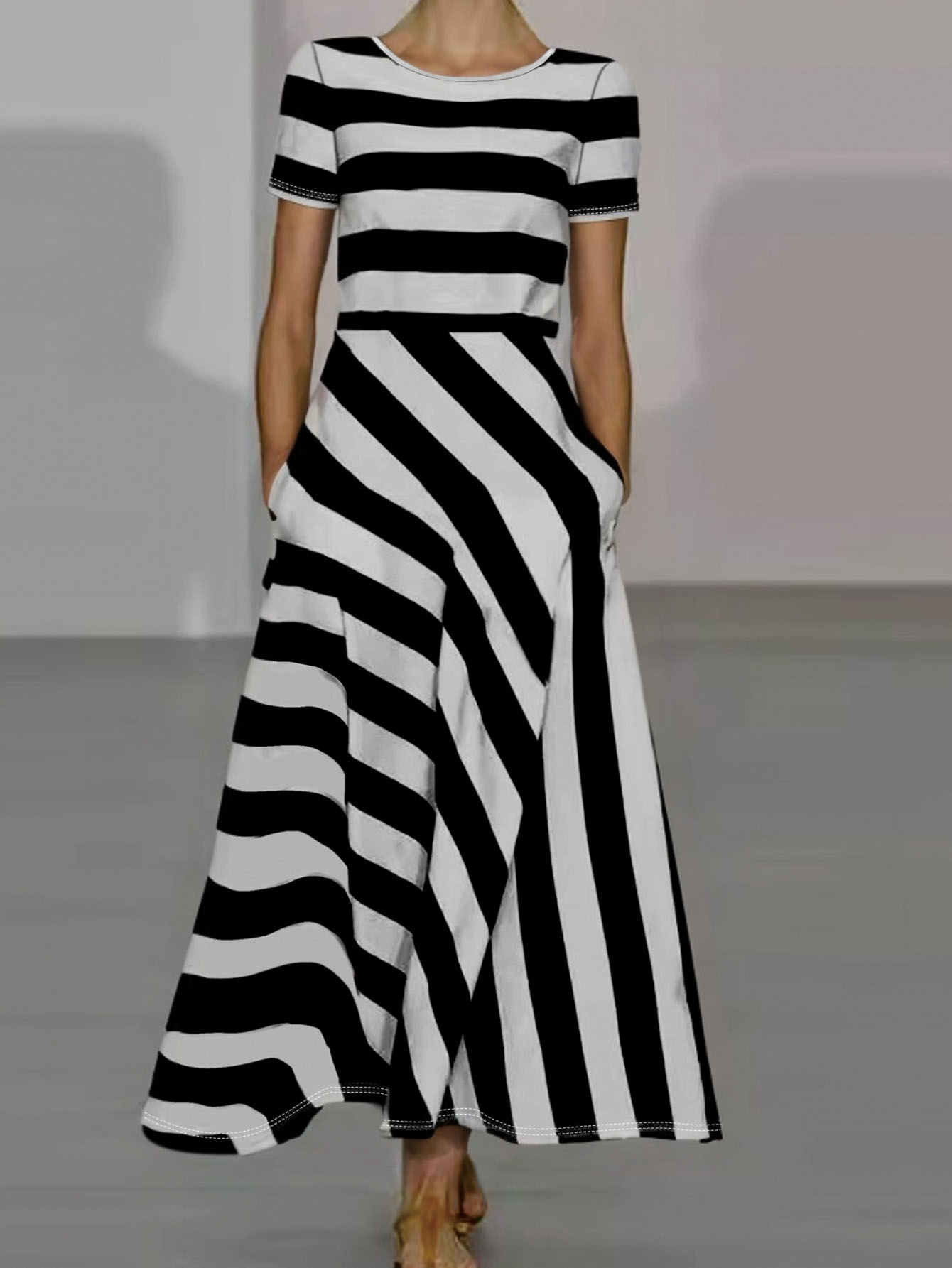 Women's Spring Summer New Fashion Mom - Style Office & Versatile Crew Neck Short - Sleeve Striped Midi Dress-CF53908