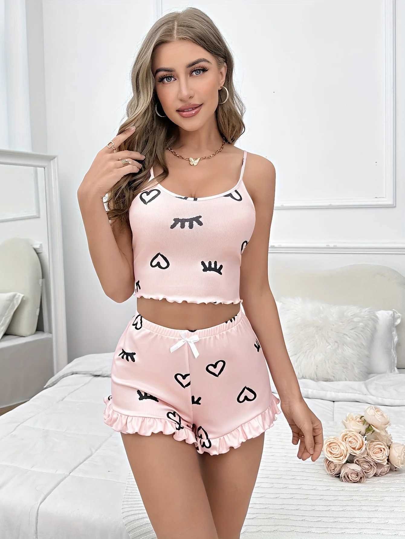 Womens Knit Pajamas Set Pink Eyelash Heart Print Sleeveless Nightwear Sexy Cute Summer Sleepwear Two Piece OutfitT251014