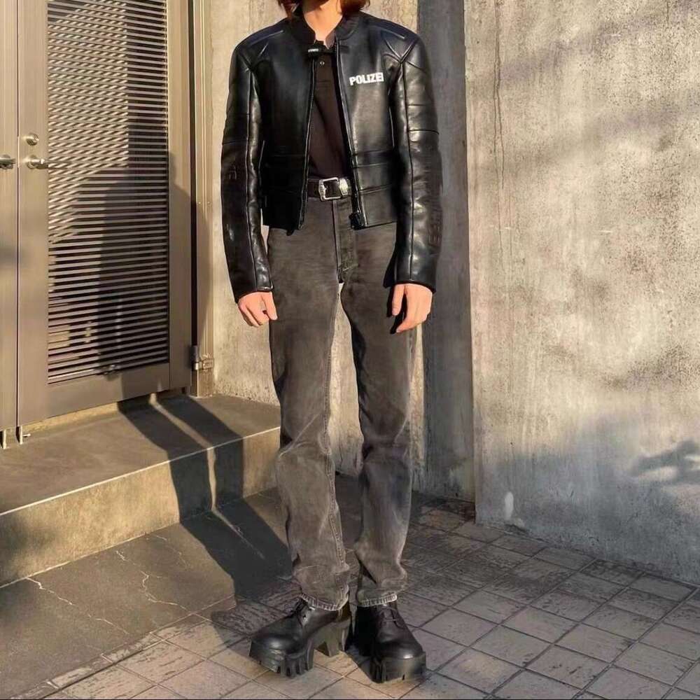 Polizei Motorcycle Leather PU Short Slim Fit Jacket Men's Trendy