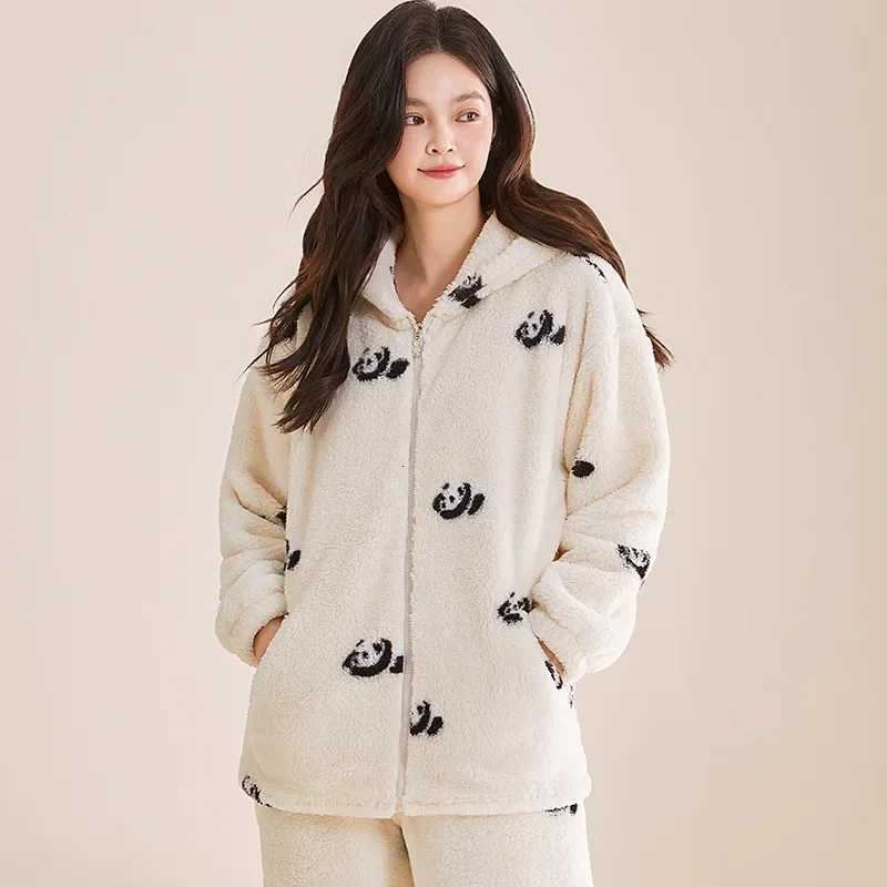 Winter Cartoon Sleepwear Womens Coral Fleece Hooded Zipper Home Clothes Outdoor Wearable TwoPiece Set Warm Home Leisure SuitT251014