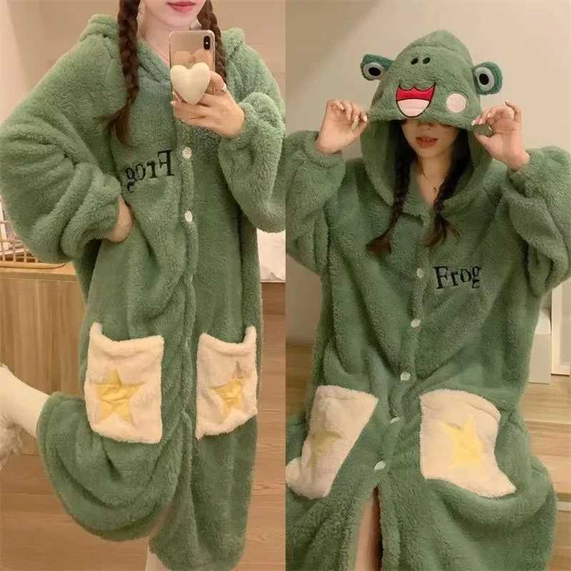 Cartoon Cute Coral Fleece Hooded Robe Womens Winter MidLength Loose Warm Velvet Bathrobe Nightgown Home Clothes Y251013