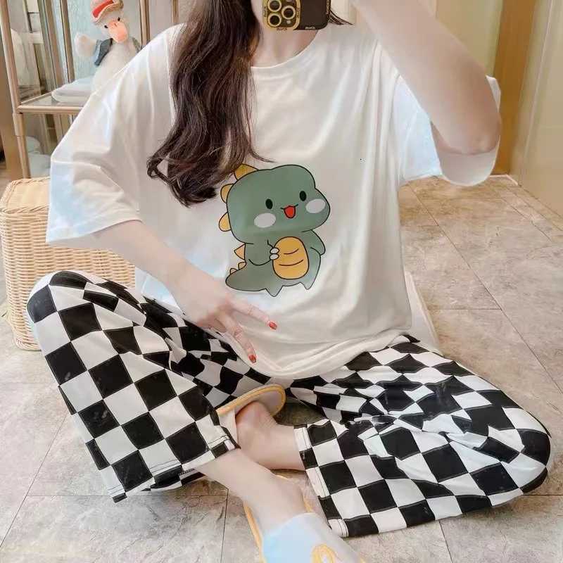 Summer Gilrs Two Pieces Sets Pajamas Short Sleeve Trousers Oneck Homewear Thin Elastic Loose Soft Plaid Cartoon Printing CuteT251014