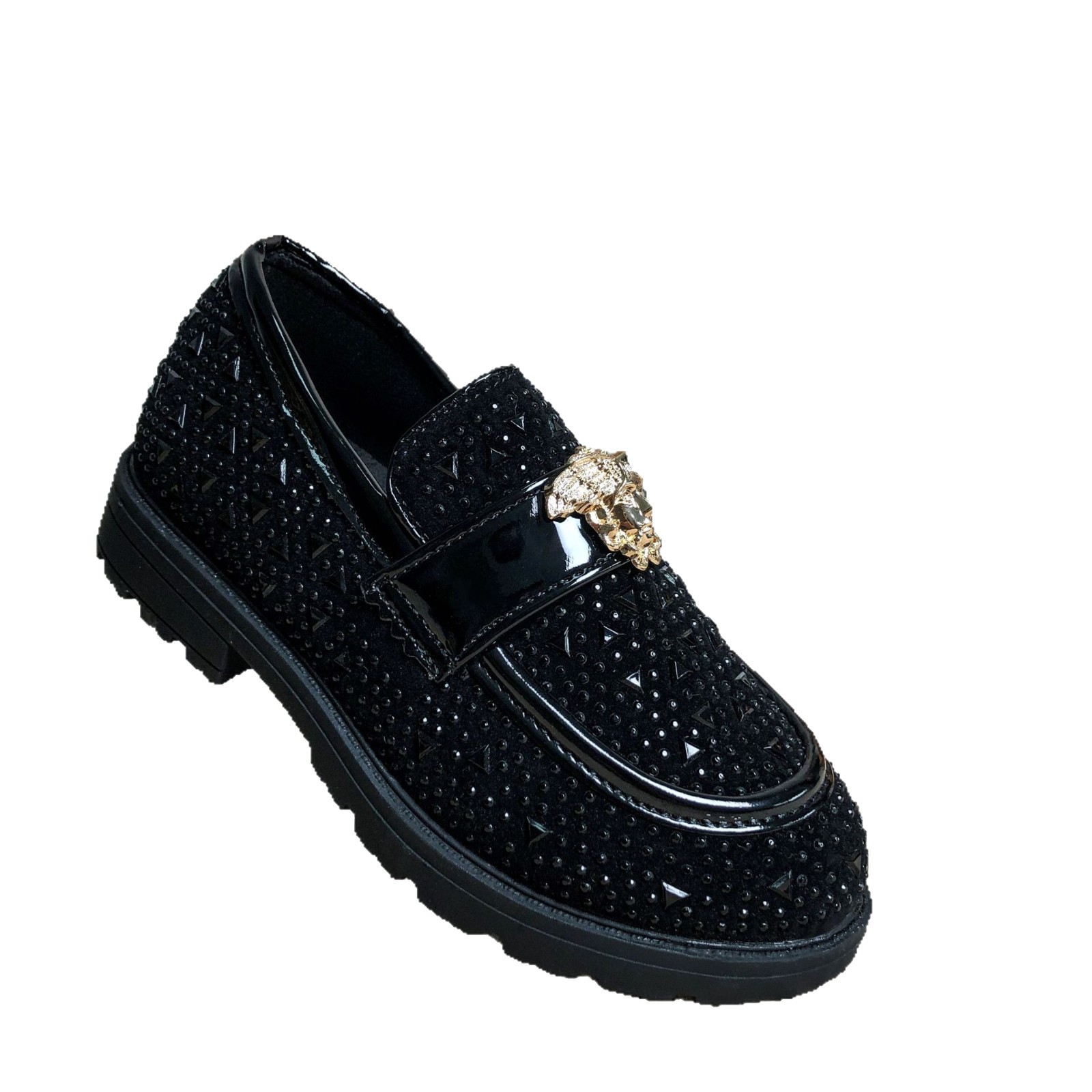 Kids Loafers Shoes Designer for Girl Boy Toddler Black Rhinestones Loafers Dress Shoes Size US5.5C-US6Y K01089