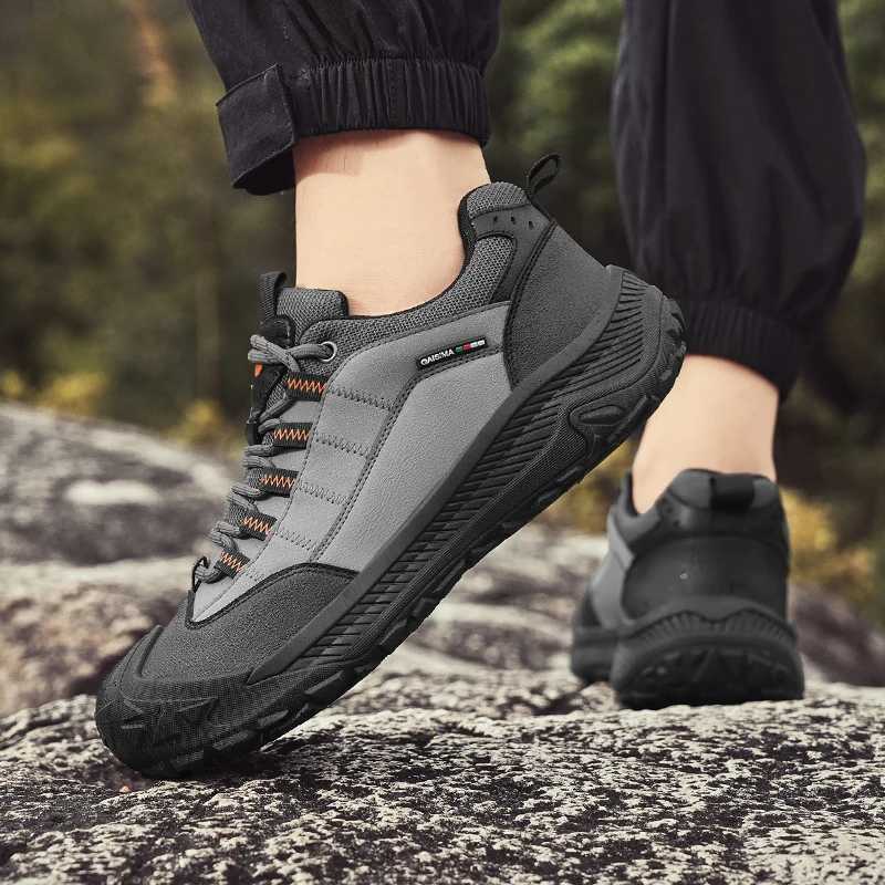 Outdoor Mens Hiking Shoes Comfy Leather Trekking Sneakers Man Laceup Platform Camping Shoes For Men AntiSlip Walking Shoes C251014