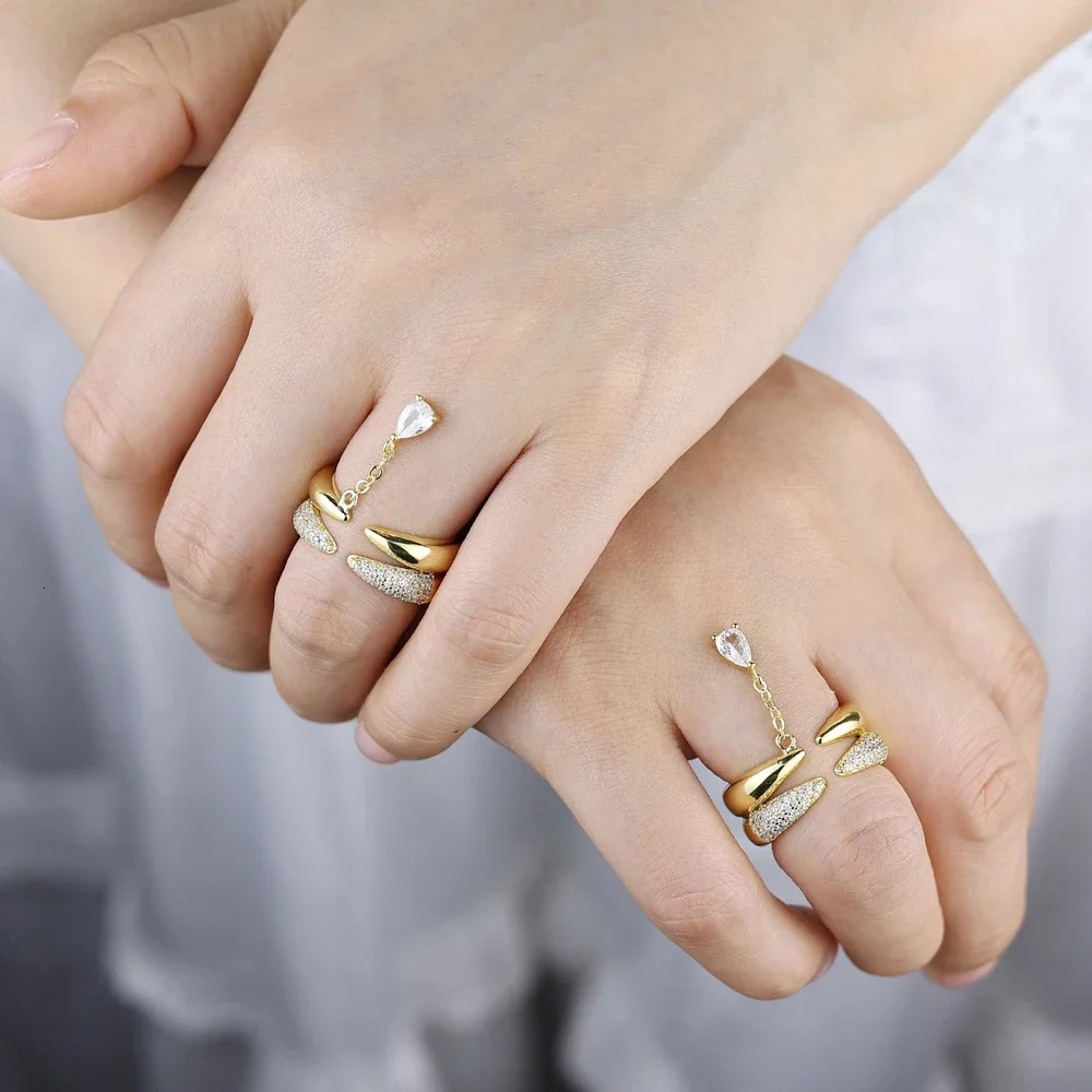 Gold Color Stackable OnePiece Water Drop Tassel Open Ring Micro Pave Sparkling Zircon Rings For Women Party Fashion Jewelry 251010