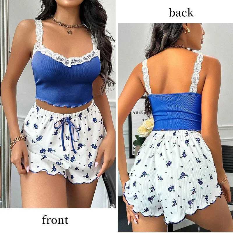 Womens TwoPiece Summer Ribbed Knitted Flower Print Lace Trimmed Camisole Vest and Bow Shorts Sexy Pajama SetT251014