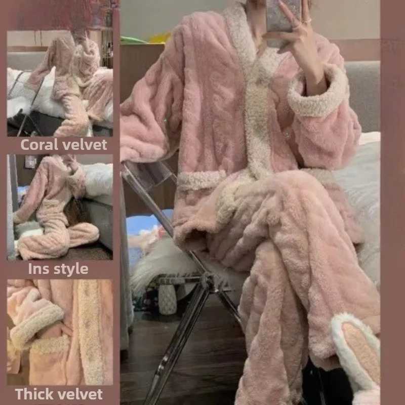 Coral Fleece Pajamas Women New Autumn and Winter 2024 Thickened Fleecelined Graceful Couple Online Celebri Home Wear Set Y251013