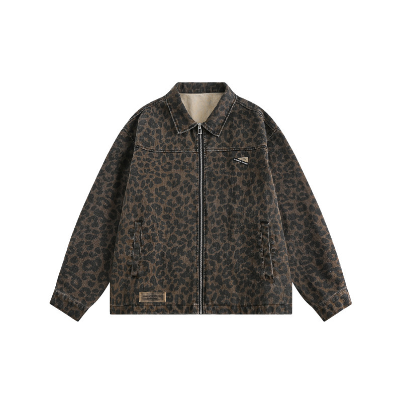 National Trend American High Street Washed Leopard Print Workwear Jacket Unisex Spring Autumn Trendy Loose TurnDown Collar Coat 250617