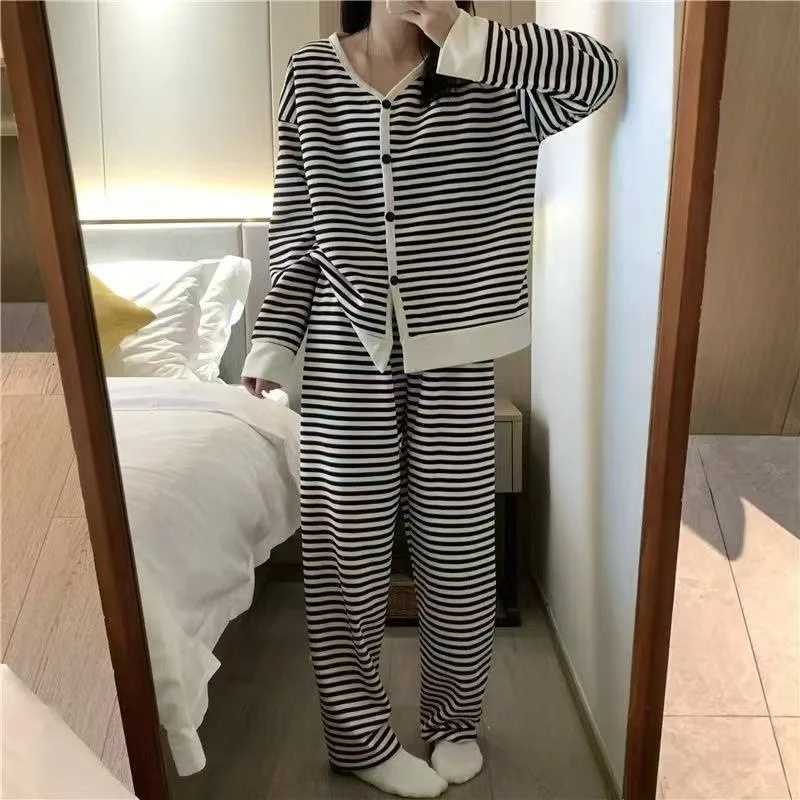 Winter Women Nightwear Striped LongSleeved Trousers Loose and Soft Loungewear Large Size 2 Piece Set Button up Student PajamasT251014
