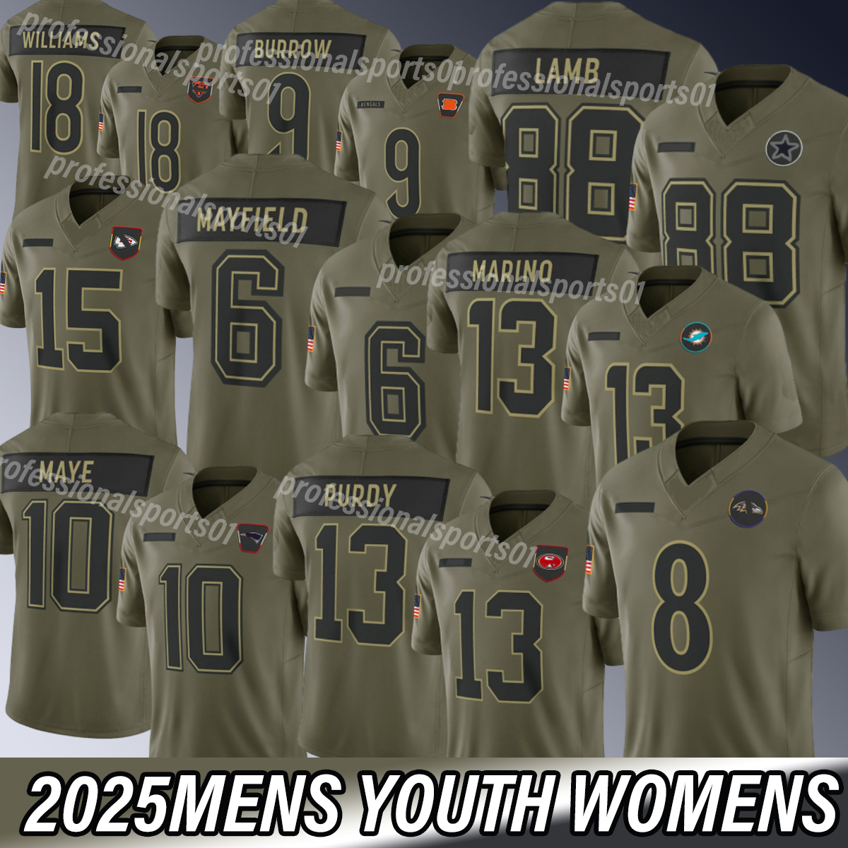 2025 Salute to Service Bo Nix Tyreek Hill Patrick Mahomes Kelce Stroud Jackson Watt Joe Burrow la Charger WashingtonS Commanders jersey 2026