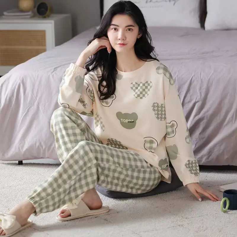 Womens Sleepwear PolyesterCotton Blend Cartoon Pajamas Student Nightwear Homewear TwoPiece Tops and Pants Suit LoungewearT251014