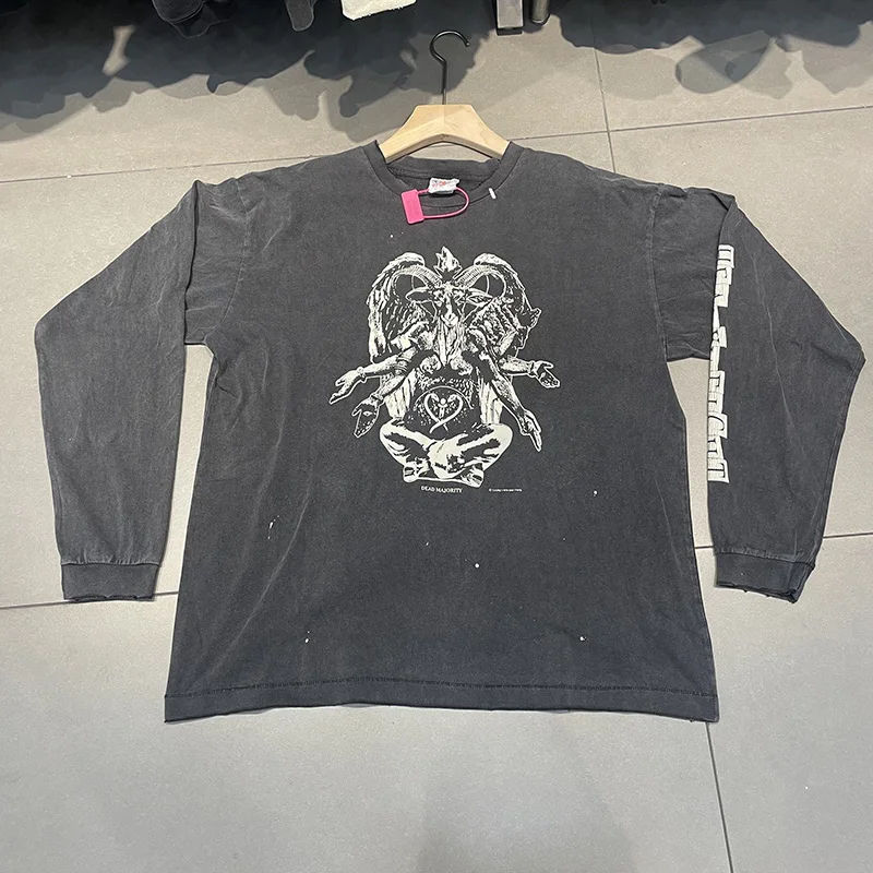 Retro Graffiti Print Cracked Letters Long Sleeve T Shirt Men Women Vintage Washed Black Damaged T-Shirt Oversized Tops