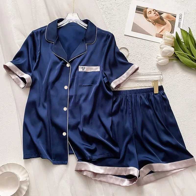 Womens Nightwear Plus Size Silk Pajamas Student Sweet Style Short Sleeve Sleepwear Loungewear Set Solid Color Cardigan ClothesT251014