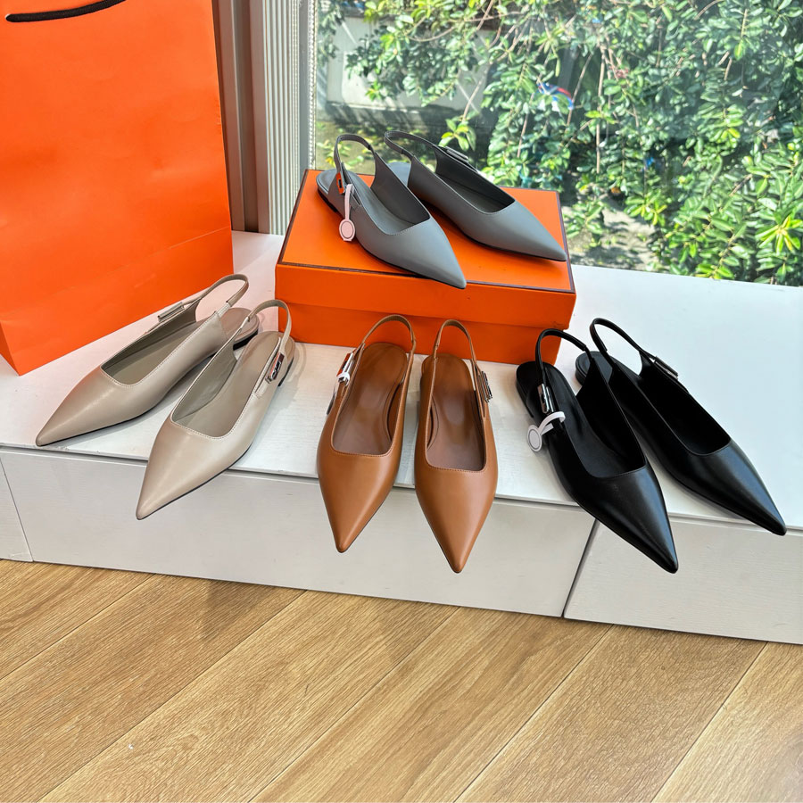 High quality fashion Real leather Buckle Pointed-toe slingback Flat sandals slides Dress shoes Luxury designer flats shoes womens Vacation shoes Walking shoes