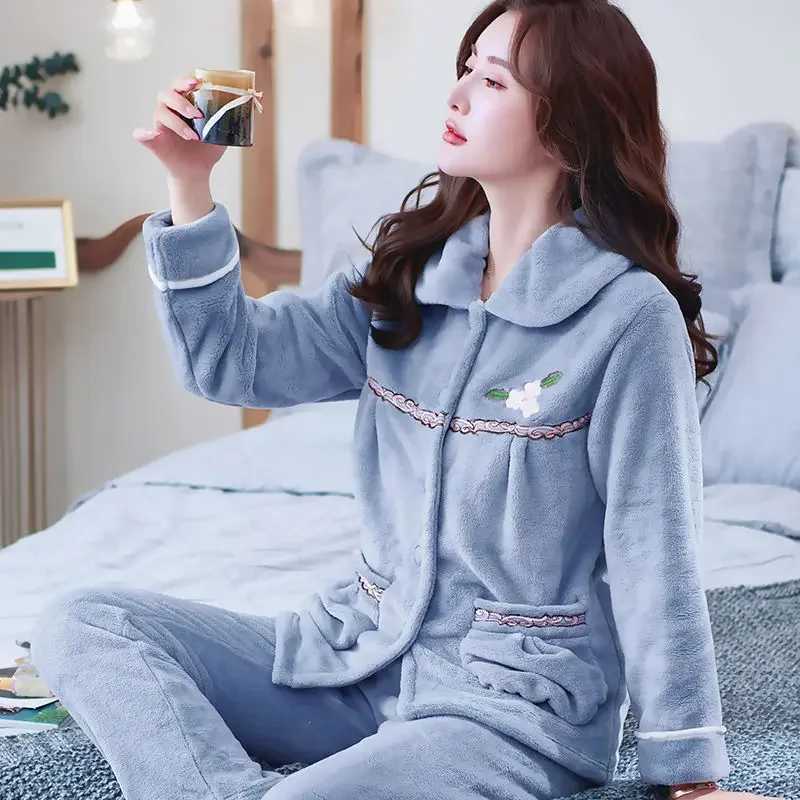 Autumn Winter Thicken Flannel Women Pajamas Set Twopiece suit Warm Loose Longsleeve Female Casual Home service Singlebreasted Y251013