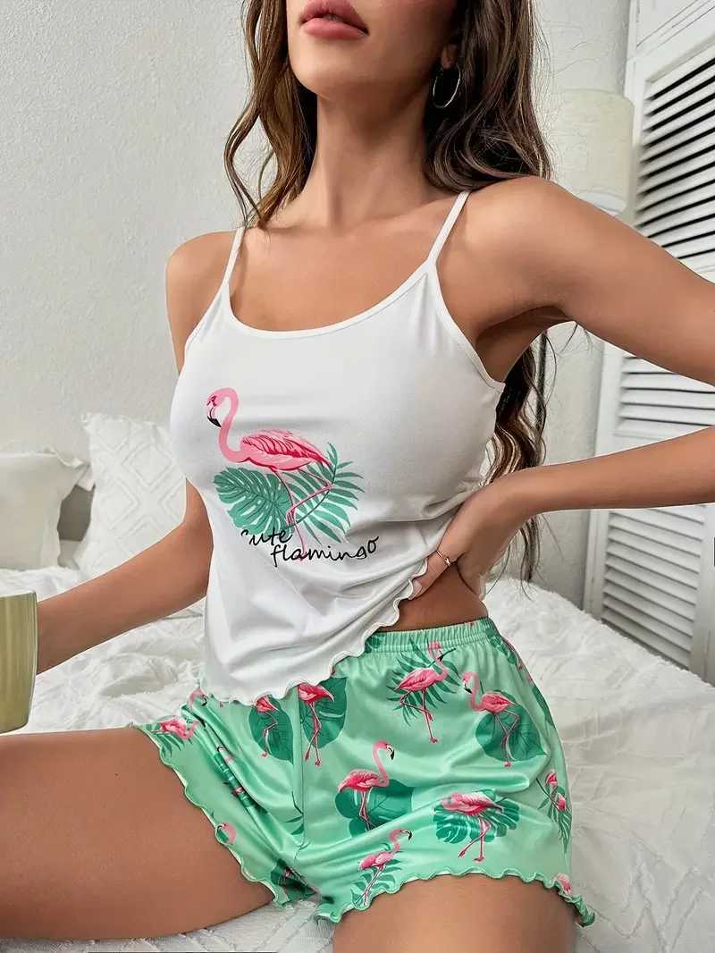 Summer Sleepwear for Womens Tropical Flamingo Print Frill Trim Casual Pajama Set Backless Cami Top Shorts LoungewearT251014