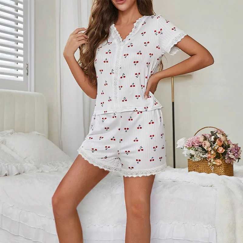 Sexy Pajamas Women VNeck Lace Cherry Print ShortSleeved Shorts Striped Fancy Sleepwear 2 Piece Set Home Wear Student NightwearT251014