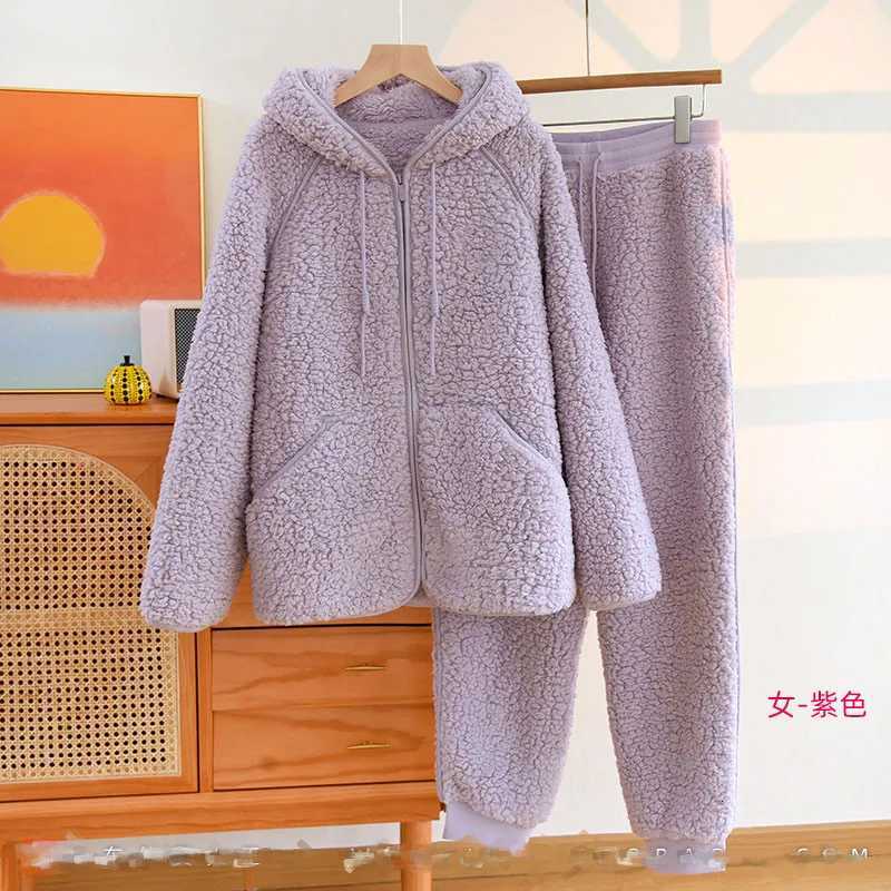 Korean New Women Warm Coral Fleece Pajamas Set Autumn Winter Sleepwear 2 Pieces Home Suit Casual Hooded Pajamas Night Wear Y251013