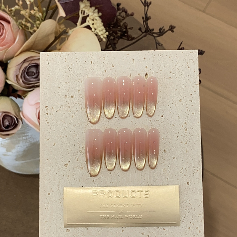 New Style Fashionable & Versatile Handmade Daily Wear Press-On Nails - Nude Pink Gradient with Gold Cat Eye & Fine Glitter, Removable