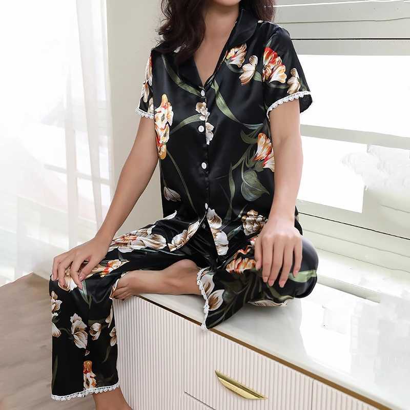 Womens Pajama Butterfly Cherry Print Satin Pijama Set Short Sleeve Buttons Top Elastic Waistband Pants Sleepwear LoungewearT251014