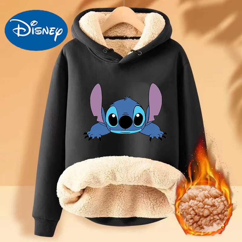Disney Stitch Winter Lambswool Hoodies Thicken Warm Sweatshirts Men Women Fleece Tops Fashion Casual Pullover Thermal Clothes H251014