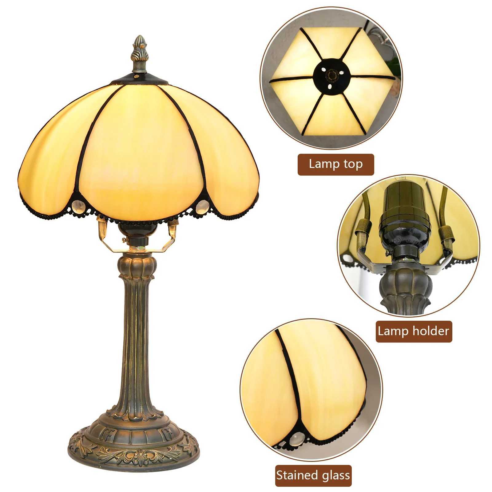 8inch Tiffany Stained Glass Bedside Table Lamp Beige Lampshade Desk Reading Night Light for Living Room Home Bedroom Office Z251014