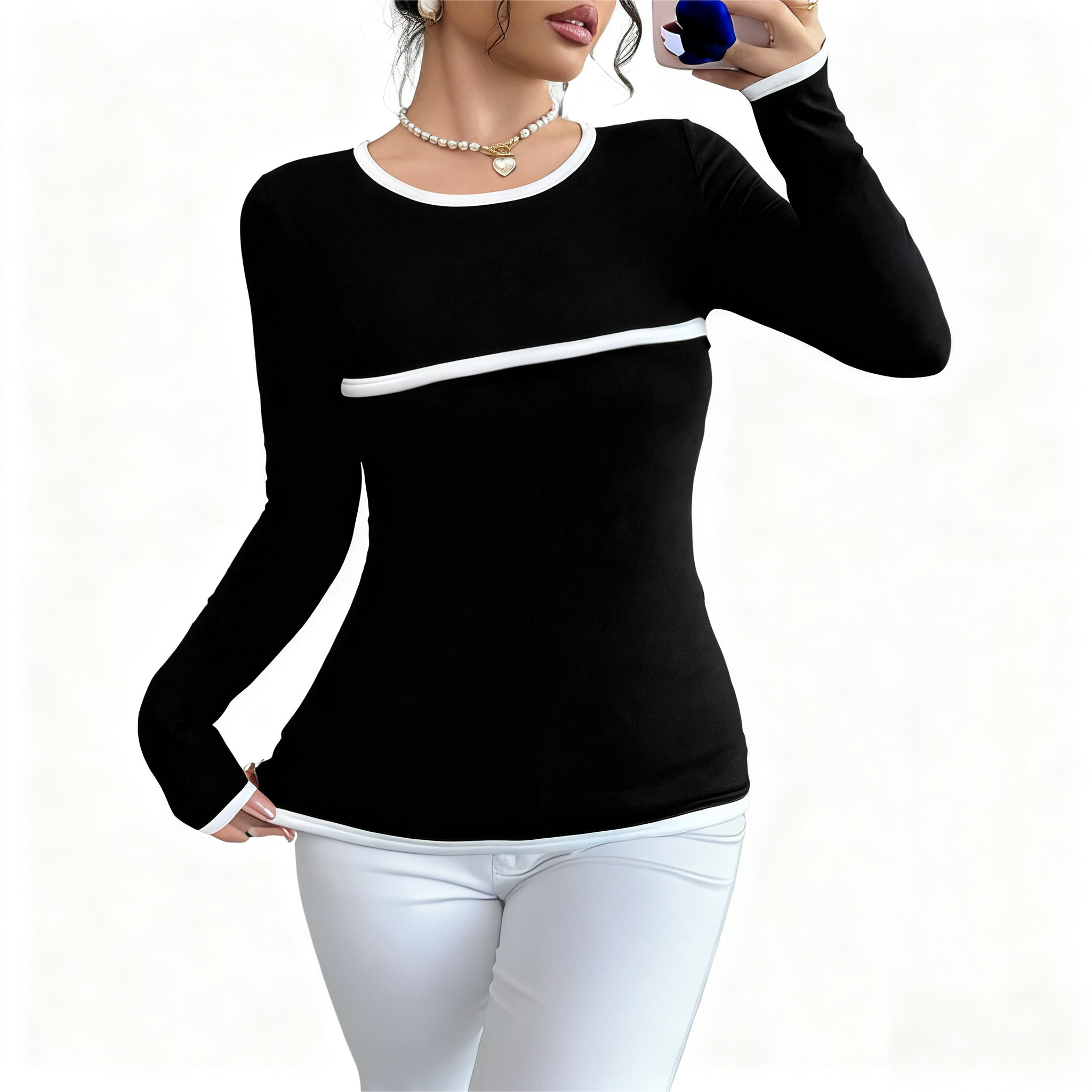 Women's Autumn French Elegant Black & White Contrast Long-Sleeve T-Shirt - Casual & Versatile Top-SZ25128