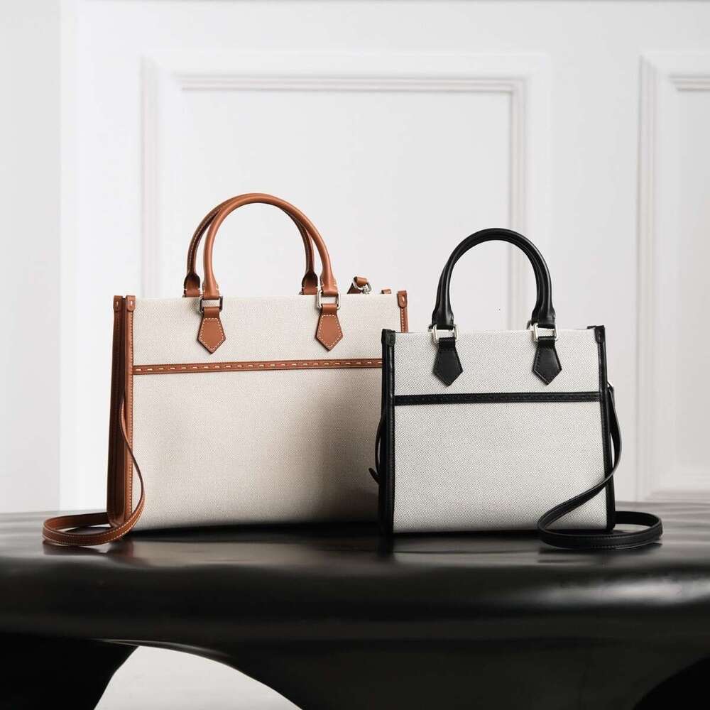 Luxury bag Women s New Cotton Linen Canvas and Cowhide Tote Bag Fashion Color Block Large Capacity Handbag