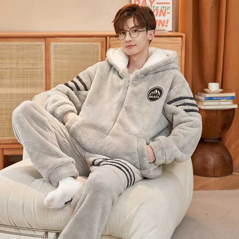 Mens Sleepwear Coral Fleece Winter Thickened Hooded Flannel Home Clothes Youth Autumn Winter Warm Cozy Pajamas Set Y251013