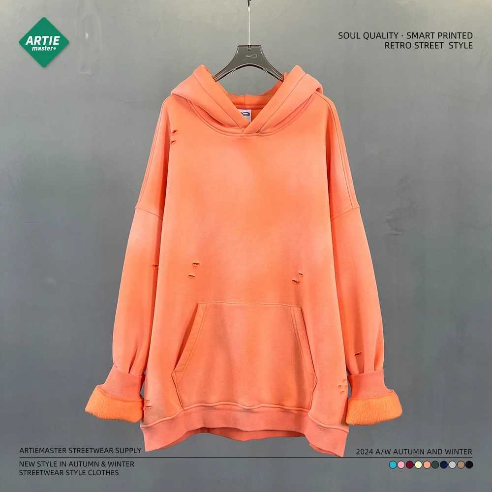 Trendy Men Washed 360gsm Fleece Hoodies Unisex Oversized Warm Paint Distressed Hooded Pullovers Winter Coat J251014
