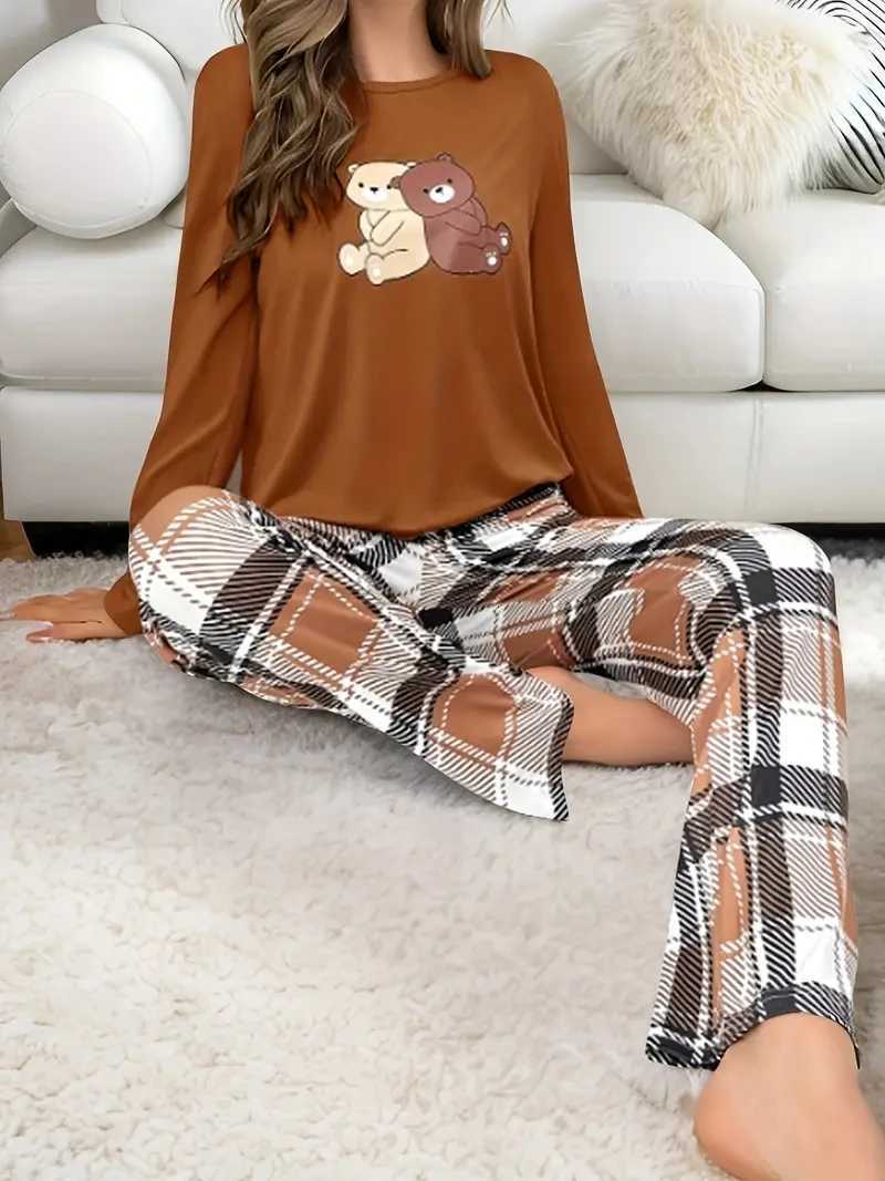 Women Pajamas Set Bear Print Top Long Sleeve Round Neck Plaid Pants Autumn Winter Loungewear Set Casual Soft Sleepwear SetT251014