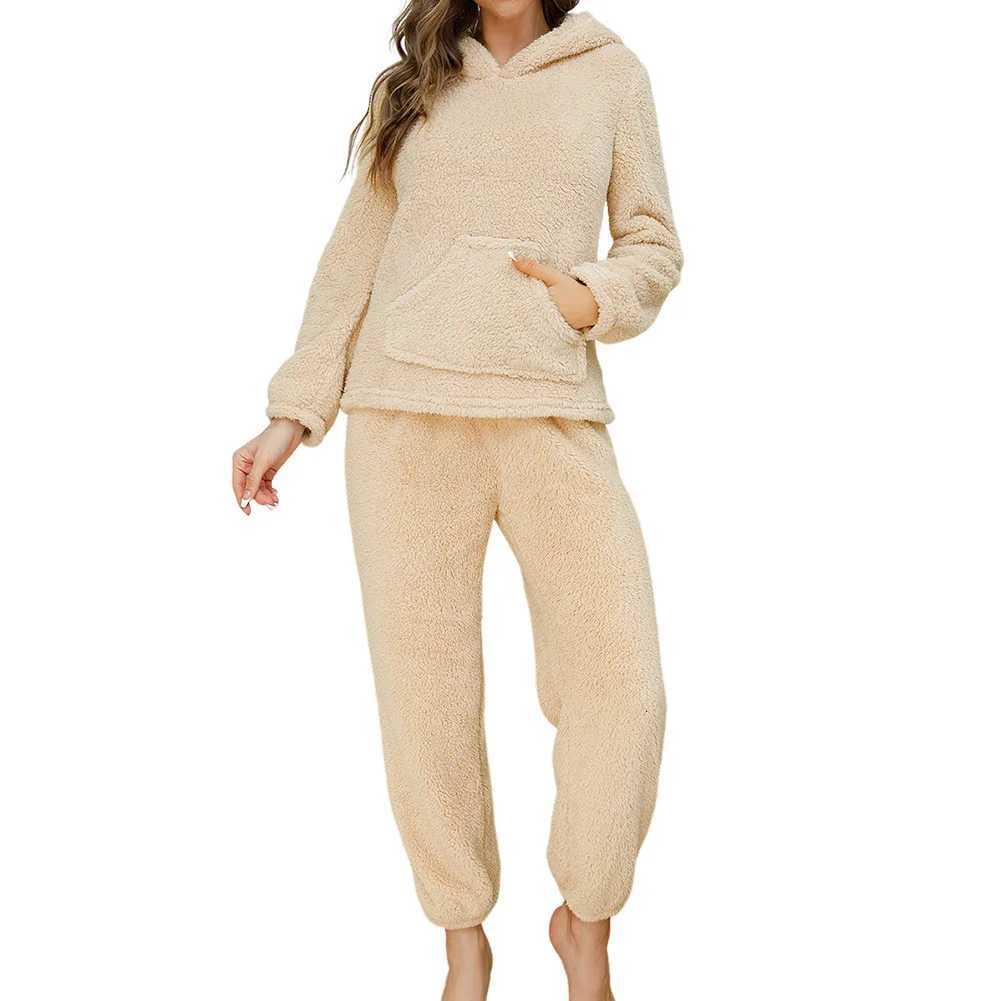 2 Set Women Flannel Pajamas Set Long Sleeve Hoodie Fleece Loungewear Casual Warm Fuzzy Lounge Set Winter Thickened Soft Plush Y251013