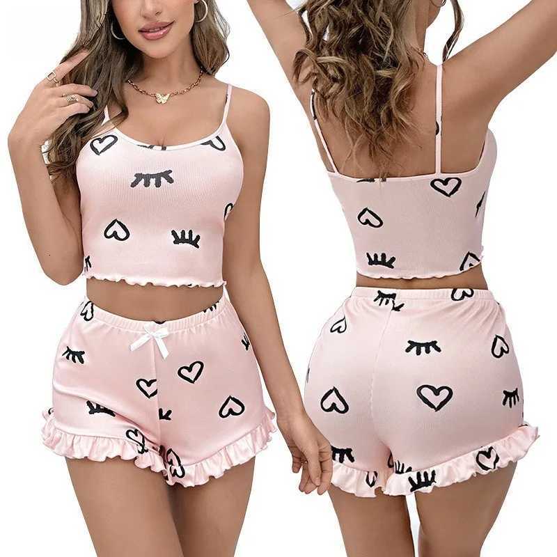 Womens Knit Pajamas Set Pink Eyelash Heart Print Sleeveless Nightwear Sexy Cute Summer Sleepwear Two Piece OutfitT251014