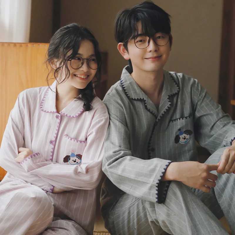 Cute cartoon autumn and winter couple pajamas made of pure cotton brushed highend embroidery warm and casual home clothesT251014