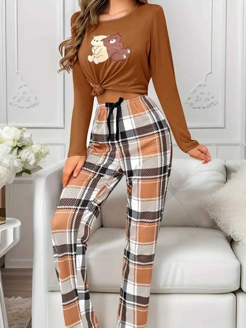 Women Pajamas Set Bear Print Top Long Sleeve Round Neck Plaid Pants Autumn Winter Loungewear Set Casual Soft Sleepwear SetT251014