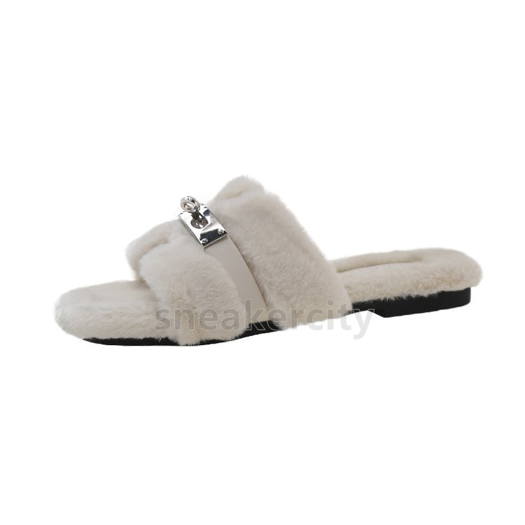 Designer plush slippers Winter womens slides Elegant Chic Buckle Khaki green white black pink Comfortable Winter Slip-on sandals Size 35-40