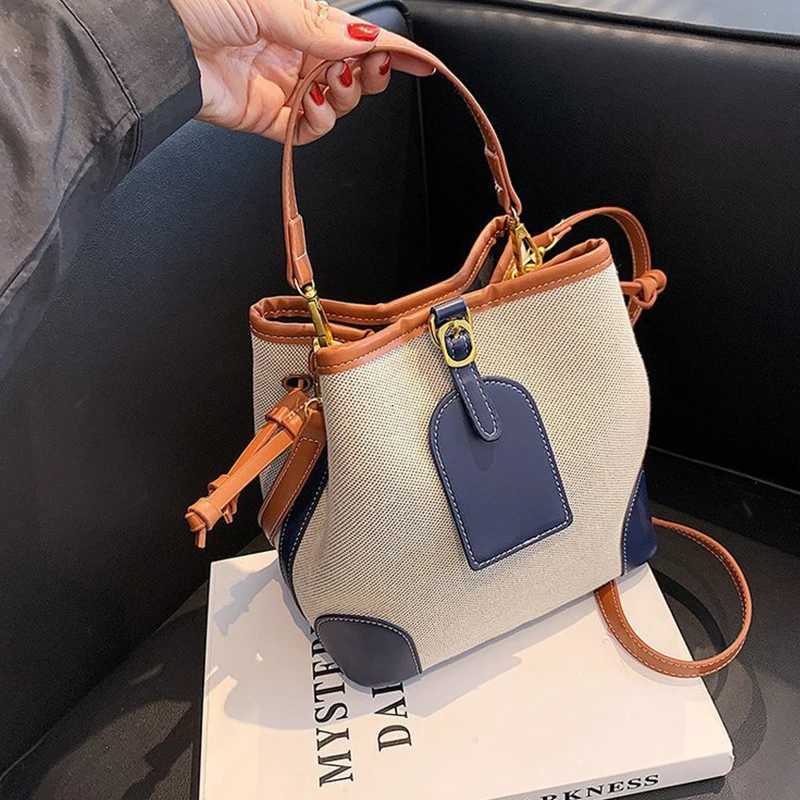 2022 new Korean style fiable portable bucket bag trend canvas ctrast texture messenger canvas bag D251014