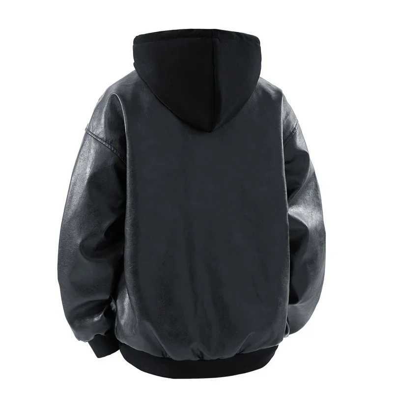 Fake Two piece Hooded Leather Jacket Men American Vintage Mens PU Leather Motorcycle Jackets Trendy Versatile Streetwear Coat J251014
