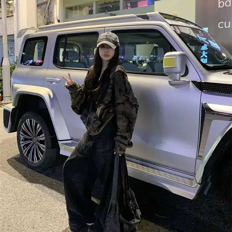 American R Camouflage Hoodie Womens Loose Design Casual Long Zipper Top Versatile Autumn Wear W251014