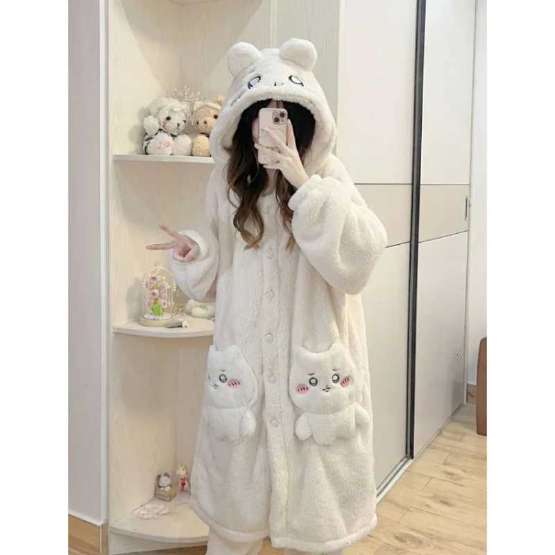 MXxl Miniso Chiikawa Coral Velvet Pajama WomenS Autumn And Winter New Cute Hooded Plush Pajama Sleeping Pants Home Sets Y251013