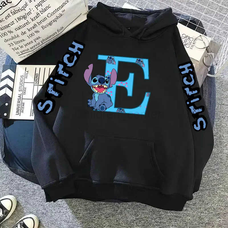 Disney 2025 Womens Winter Jacket Cute Kawaii Lilo Stitch Lucky Letter Print Black Hoodie Fashion Couple Streetwear Sportswear H251014