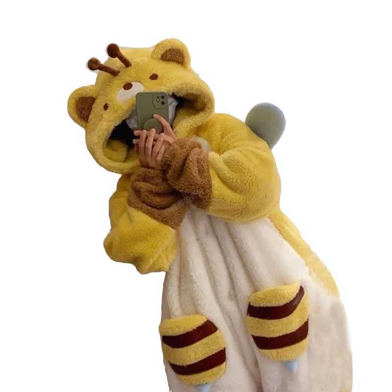 Women Pajamas Honey Bee Robe Flannel Hooded Nightgown Thickened Warm Cute Women Autumn Winter Coral Fleece Casual Clothing Y251013