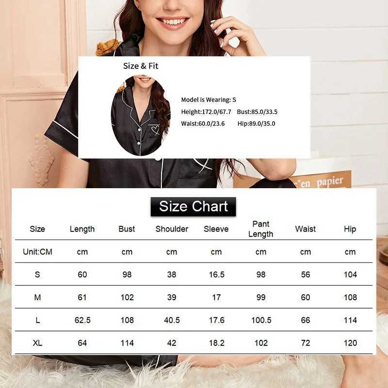 Womens Pajama Pocket Heart Embroidered Pajama Set Satin Comfortable Short Sleeve Button Pajama Lounge Pant For Women SleepwearT251014