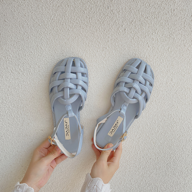 KIDMESTAR 2025 New Designer Slippers Women's Flat Slider Comfort Shoes, Casual Shoes Summer Sandals One-button Rhinestone Woven Niche Retro Beach