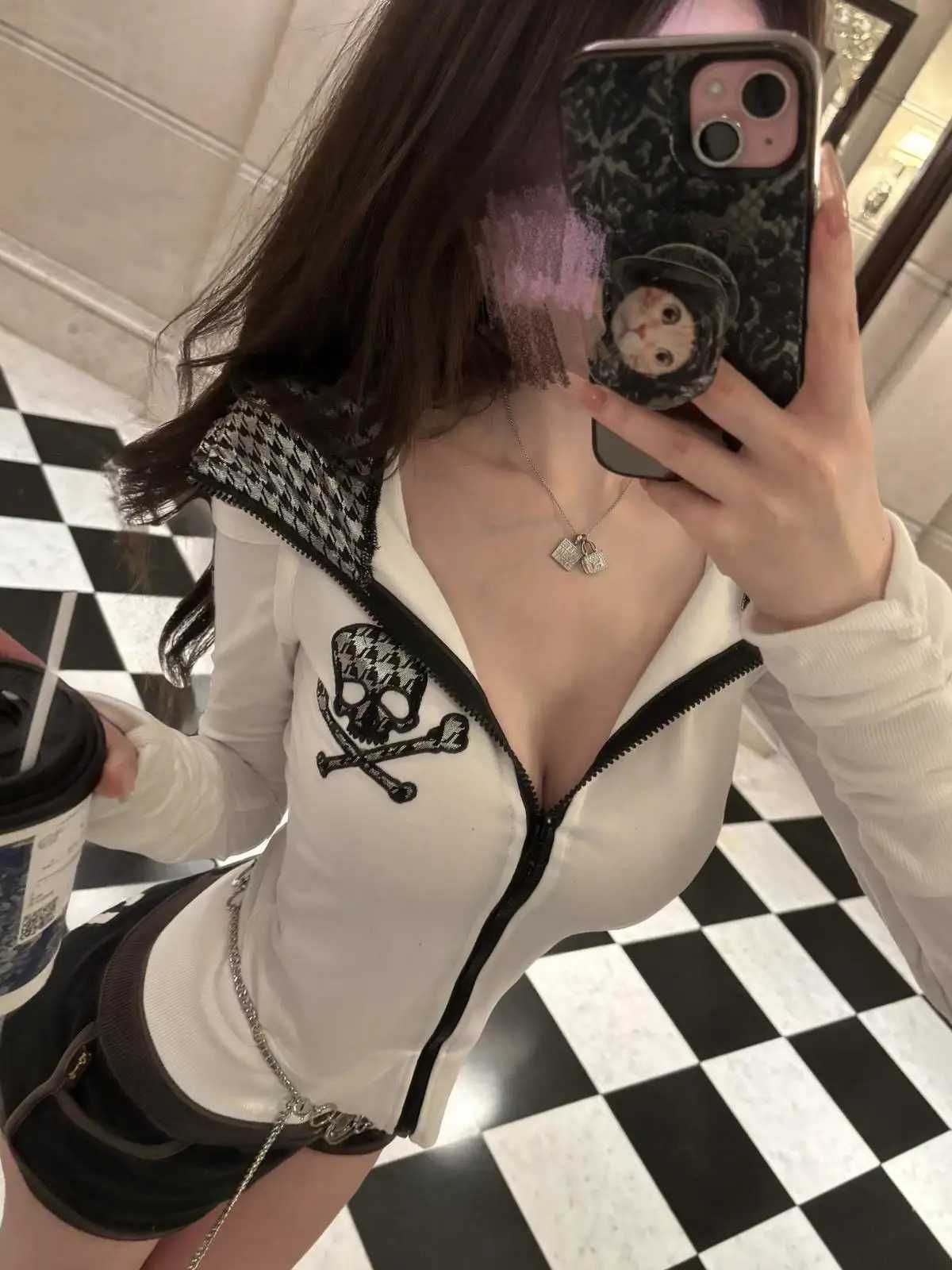 Go Hoodie Skull Print Y2k 90s Vintage Harajuku Slim O Shoulder Hot Sweet Coat Sweatshirt Basics Femme Grunge Emo Winte c W251014